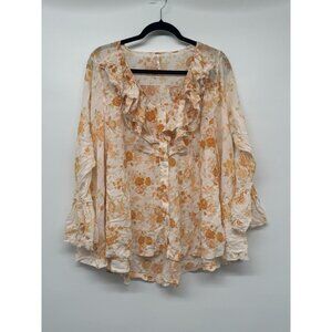 FREE PEOPLE Top XS Cream Peach Floral Bell Sleeve Boho Oversize Beachy Career